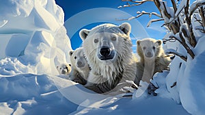 Arctic Family: Polar Bear and Cubs in Winter Wonderland