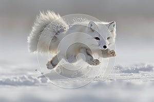 Arctic fox energetically running through snowy landscape