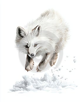 Arctic fox jumping in the snow white isolate background