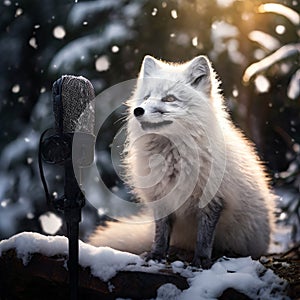 Arctic fox singing in snowy forest with microphone