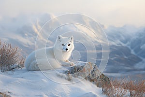 Arctic fox sitting on a rock in the snow in the arctic landscape