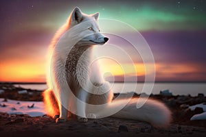 Arctic Fox sitting in arctic sunset, aurora borealis