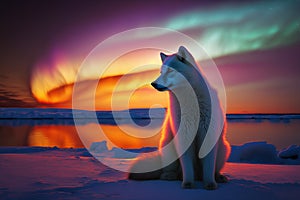 Arctic Fox sitting in arctic sunset, aurora borealis