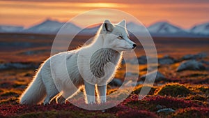 Arctic Fox in Golden Sunset Landscape