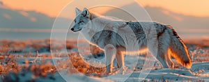 Arctic fox in sunset-lit winter field