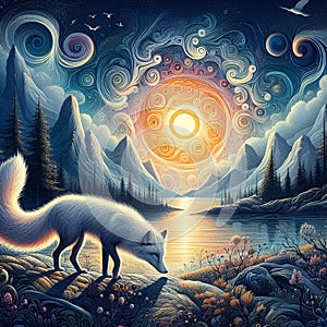 Arctic fox through a whimsical wild place, in the midnight sun, summer, flower, lake view, river, animal, bold painting