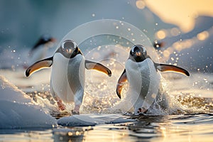 Arctic fun penguins joyfully sliding on the icy surface