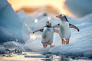 Arctic fun penguins joyfully sliding on the icy surface