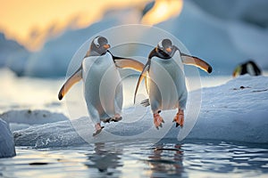 Arctic fun penguins joyfully sliding on the icy surface