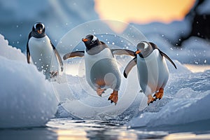 Arctic fun penguins joyfully sliding on the icy surface