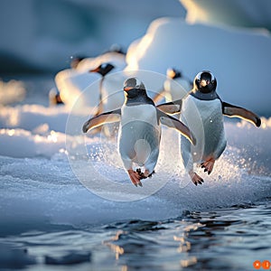 Arctic fun penguins joyfully sliding on the icy surface