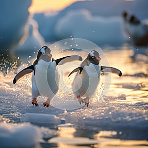 Arctic fun penguins joyfully sliding on the icy surface