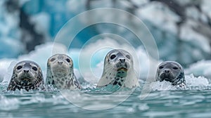 Arctic harbor seals playing on ice floes with glacier backdrop wildlife photography