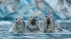 Arctic harbor seals playing on ice floes with glacier background in detailed wildlife photography