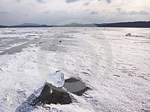 Arctic ice. Broken pieces of glacier floating on large floe to ocean