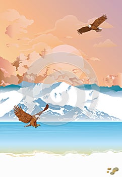 Arctic landscape with eagle fishing at dawn