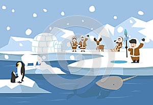 Arctic landscape with Eskimo Igloo ice house  family background