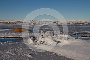 Arctic landscape - frozen arctic tundra in Nunavut over a snow covered waterbody on a clear cold day