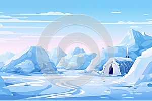 Arctic landscape with ice igloo .Housing for indigenous north families flat style illustration