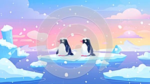 An arctic landscape with penguins perched on ice floes floating on cold water surface, with snow falling from blue and