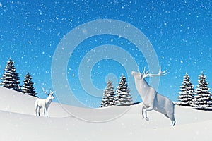 Arctic landscape scene, snow falling on reindeer in snowfield in winter season and Christmas day