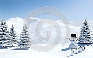 Arctic landscape, snow field with snowman and penguin birds in Christmas holiday, North pole