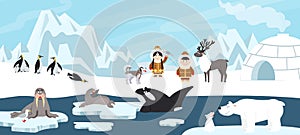 Arctic landscape. White polar bear, antarctica beautiful ice background. North pole iceberg drifting in ocean, cartoon