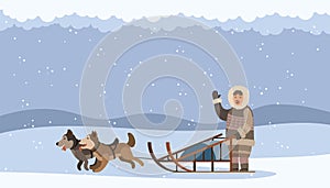Arctic man using sledge with sled dogs traveling on snowdrift. Eskimo person with dog team in action