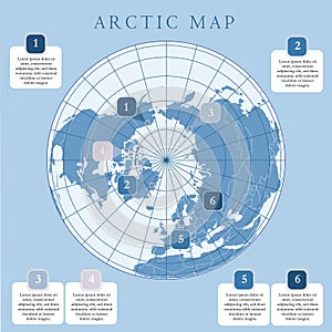 Arctic map with countries boundary, grid and label. Arctic regions of northern hemisphere. Circumpolar projection. Vector. Infogra