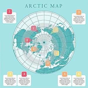 Arctic map with countries boundary, grid and label. Arctic regions of northern hemisphere. Circumpolar projection. Vector. Infogra