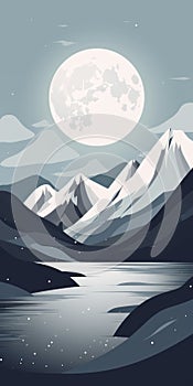 Arctic Minimalist Mountain Landscape: Editorial Illustration With Snowcapped Mountains And Moon