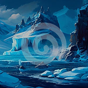 Arctic Mountain Glacier Landscape DND Roleplaying Environment Concept Ice Water Snow Painting Style Concept Generative AI