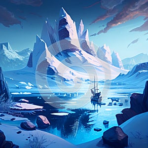 Arctic Mountain Landscape DND Roleplaying Environment Concept Ice Water Snow Painting Style Concept Generative AI