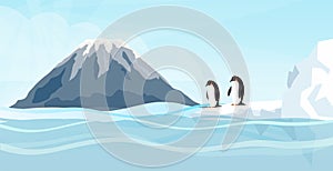 Arctic mountain landscape, winter panoramic view. Snowy mountainside, natural scene with penguins