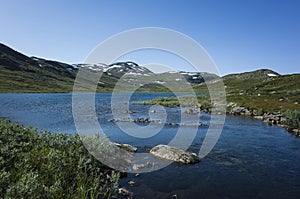 Arctic nature of Scandinavia in warm summer sunny day with blue sky. Mountain lake Allagasjavri