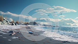 Arctic Oasis: A Stunning Vray Traced Ocean Scene With Rusty Debris And Flying Birds