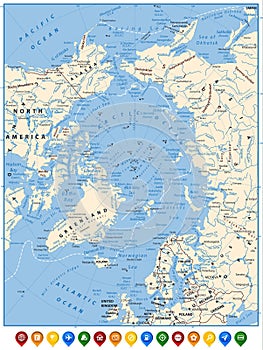 Arctic Ocean Political Map and flat map pointers