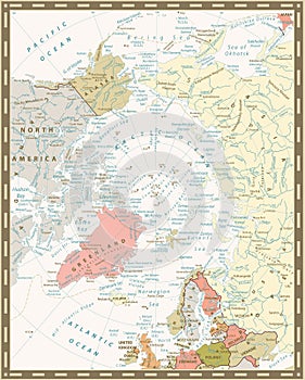 Arctic Ocean Political Map. Retro colors