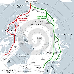 Arctic Ocean sea routes, Arctic shipping routes, gray political map