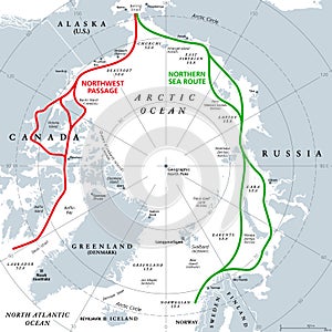 Arctic Ocean sea routes, Arctic shipping routes, gray political map photo