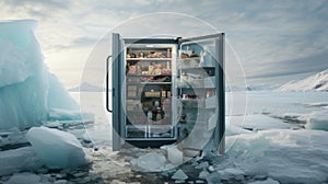 Arctic Refrigeration: A Fully Stocked Fridge Amidst the Icy Wilderness