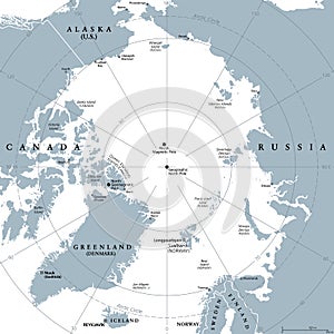 Arctic region, polar region around North Pole, gray political map photo