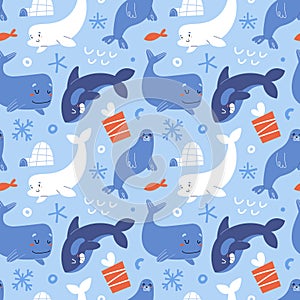 Arctic sea animals, cute blue whale, killer whale, beluga and seal, seamless pattern, adorable underwater mammals