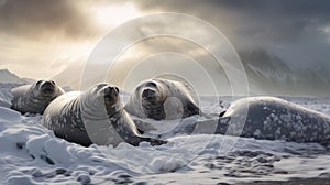 Arctic Serenity: Elephant Seals Bask in a Snowy Oasis