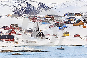 Arctic settlement with colorful Inuit houses on the rocky hills