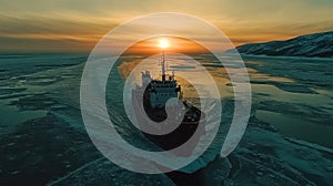 Arctic ship breaking through ice at sunset