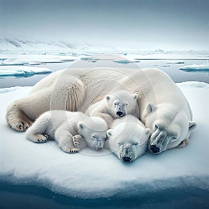 Arctic Slumber: Polar Bear Family Resting on Icy Bed