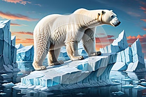 Arctic Solitude: Polar Bear Balancing on a Shrinking Ice Cap in the Middle of the Arctic Ocean - Backdrop of Melting Glacier