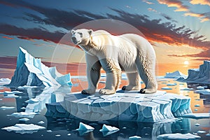 Arctic Solitude: Polar Bear Balancing on a Shrinking Ice Cap in the Middle of the Arctic Ocean - Backdrop of Melting Glacier