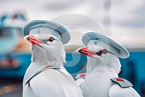 Arctic terns dressed as members of an airplane cre, generative AI